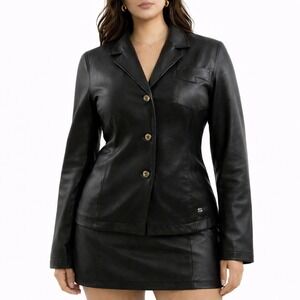 Y2K Vintage Womens Black Leather 3 Button Blazer Logo Silver Jeans Size XL